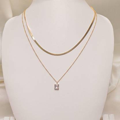Lady Raiment Double Layer Chain with Silver Square Crystal Locket Crystal Gold-plated Plated Stainless Steel Necklace