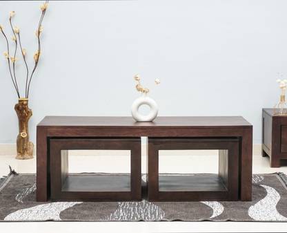 FURNISELAN Solid Wood Coffee Table With Two Stool Solid Wood Nesting Table