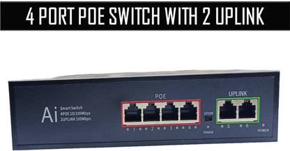 New Trensh 4 PORT AI BASED POE SWITCH WITH 2 UPLINK PORT 6 Ports 100 Mbps Network Switch
