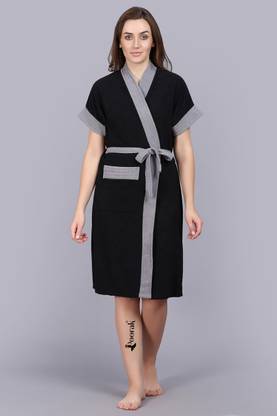 Poorak Grey Black Free Size Bath Robe