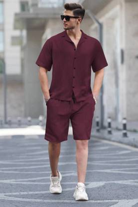 TRIPR Men Solid Maroon Night Suit Set