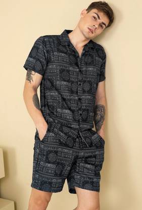 Fabrizio Men Printed Black Night Suit Set