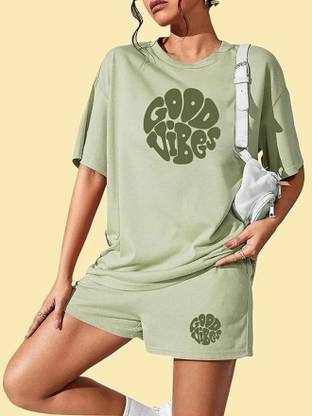 kshs Women Printed Green Top & Shorts Set