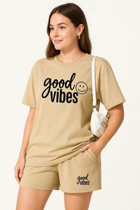 kshs Women Printed Beige Night Suit Set