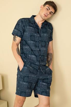 HEER STUDIO Men Printed Blue Night Suit Set