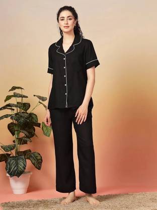 UNIFringe Women Solid Black Night Suit Set