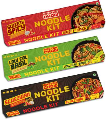 MasterChow Noodle Kit - Cooking Sauce + Noodle Pack & Schezwan + Basil + Sweer & Spicy Instant Noodles Vegetarian