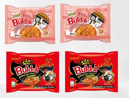 Samyang Buldak Chicken Rose&2XSpicy Flavour Korean Noodles-140g(Pack of 4)|(Imported) Instant Noodles Non-vegetarian