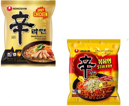 Nongshim Spicy Chicken & Stir Fry With Cheese Shin Ramyun Noodes 120gm (Pack of 2 ) Instant Noodles Vegetarian