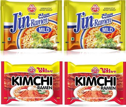 Ottogi Jin Mild Ramen & Kimchi Instant Noodles - 120 gm -Pack of 4 Instant Noodles Non-vegetarian