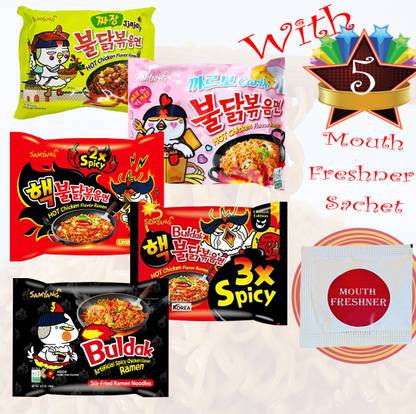 Samyang Jajjang,2XSpicy,3XSpicy,Carbonara&StirFried,140 grams each with 5MouthFreshener Instant Noodles Non-vegetarian
