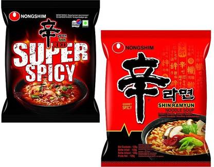 Nongshim Red Super Spicy & Kimchi Korean Style Instant Noodles (2X120g) ( Combo Pack) (Pack Of 2) Instant Noodles Non-vegetarian