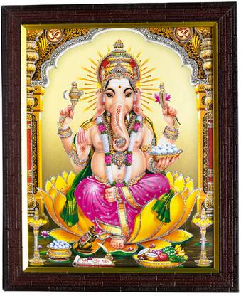 Cherriee Lord Ganesh ji with riddhi siddhi photo frame for pooja, wall decor Religious Frame