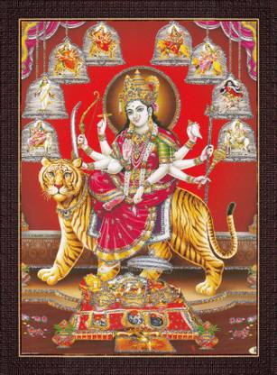 craftery Durga Maa | Ambe | Sherawali | Nav Durga | 9 Form On Tiger | Vaishno Devi Yantra Religious Frame