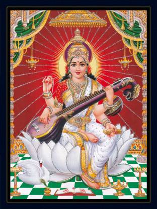 Cherriee Saraswati maa Sparkle Coated photo painting for poojan (With Frame) Religious Frame