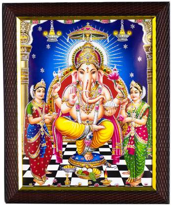 Cherriee Lord Ganesh ji with riddhi siddhi photo frame for pooja, wall decor Religious Frame