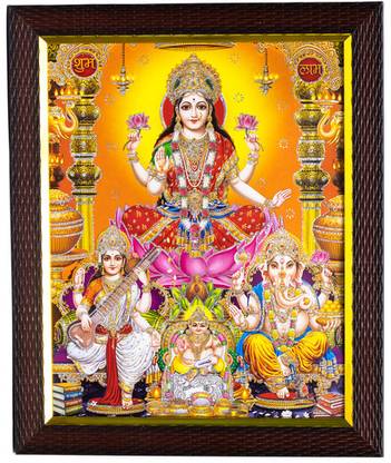 Cherriee Laxmi Saraswati Ganesh Sparkle Coated photo painting for poojan (With Frame) Religious Frame