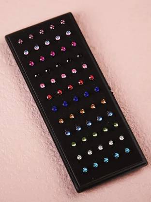 Vama Fashions Cubic Zirconia, Diamond Rhodium, Silver Plated Metal, Crystal Nose Stud Set