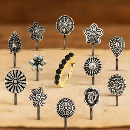 VAMA Black Silver Plated Sterling Silver, Metal Nose Stud Set