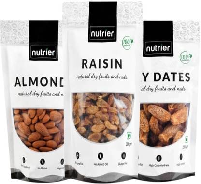 NUTRIER Premium Natural Dry Dates, Raisins, Almonds
