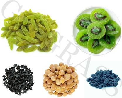 GO GRASS PREMIUM DRYFRUIT COMBO PACK OF 5 | 200 GRAM EACH | Apricots, Raisins, Kiwi, Raisins, Black Currant