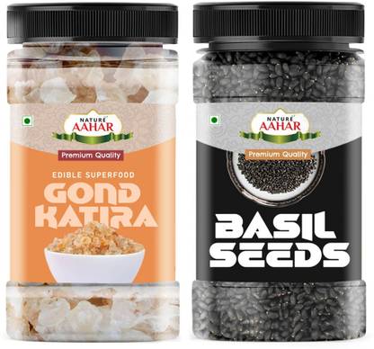 Nature Aahar Summer Heat Cooler Combo Pack - Gond Katira & Basil Seeds (2 x 100g)100gm each Dried Gum
