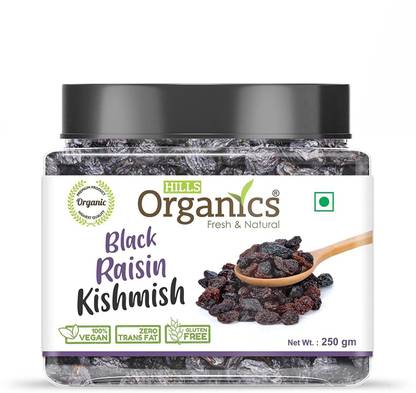 Hills Organics Black Raisins (Kishmish) - 250G | 100% Fresh & Natural Dry Grapes Raisins