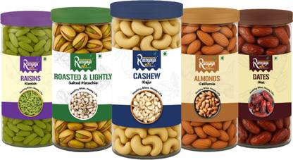 ramyaya Premium Dry Fruits Combo Of 5 Items Kaju Almonds Pistachio Kismish & Wet Dates Cashews, Pistachios, Almonds, Raisins, Dates