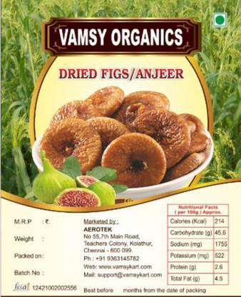 VAMSY ORGANICS Dried figs Rich Source of Fibre Calcium & Iron | Low in calories and Fat Free Figs