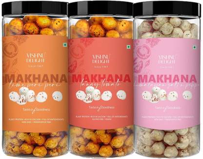 VISHNU DELIGHT Crunchy, Peri-Peri , Tomato Twist , Salt & Pepper Flavored Makhana Combo (270 g) Fox Nut