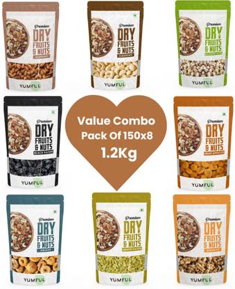YUMFUL 100% Natural Premium Dry Fruits Combo5 8Pcs 150g Each Black Raisins, Cashews, Pistachios, Apricots, Figs, Raisins, Walnuts, Almonds