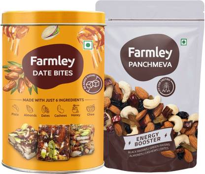 Farmley Date Bites Dry Fruit Barfi 180g & Panchmeva Mix Dry Fruits 160g Combo | Almonds, Cashews, Dates, Pistachios