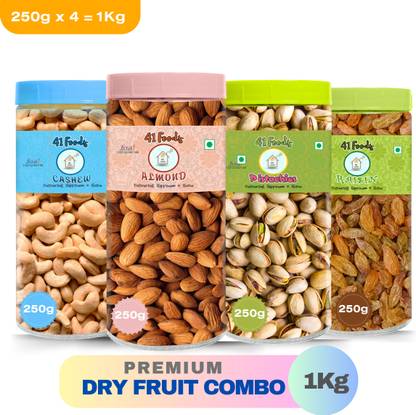 41 foods Dry fruits combo pack of Kismis Pista Kaju Badam 1 KG Almonds, Cashews, Raisins, Pistachios