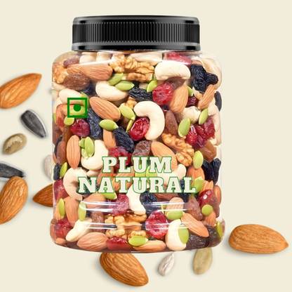 Plum Natural Mix Dry Fruit | Panchmeva | Nutmix | Mixed Dry Fruit | 500GM | JAR | Almonds, Cashews, Raisins, Dry Dates, Pistachios, Figs, Kiwi, Assorted Fruits & Nuts