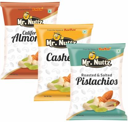 Mr.Nuttz Premium Dry Fruits Combo Pack- Almonds, Cashews, & Pistachios 150g - Almonds, Cashews, Pistachios