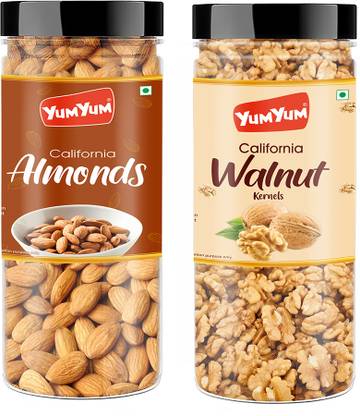 YUM YUM Dry Fruits 300g Combo Pack - Badam 150g, Akhrot Giri 150g Jar Each - Almonds, Walnuts