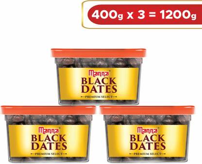 Manna Black Dates - 1.2kg (400g x 3 Packs) | Select Premium Organic Handpicked Dates | Khajoor | Khajur | Soft Dried Healthy Snack | Soft & Juicy texture | Zero Added Sugar & Preservatives | Rich in Iron, Fibre & Vitamins Dry Dates Dry Dates