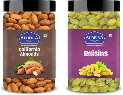 Aldeira Natural Almonds 100gm+ Kishmish 100gm (200gm) Dry Fruits Combo (100g Each) Almonds, Raisins