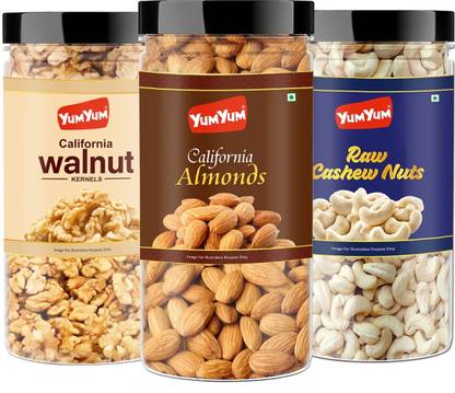 YUM YUM Dry Fruits Almond 500g,Cashews 500g, Walnut Kernels 350g -1350g (Jar) Almonds, Cashews, Walnuts