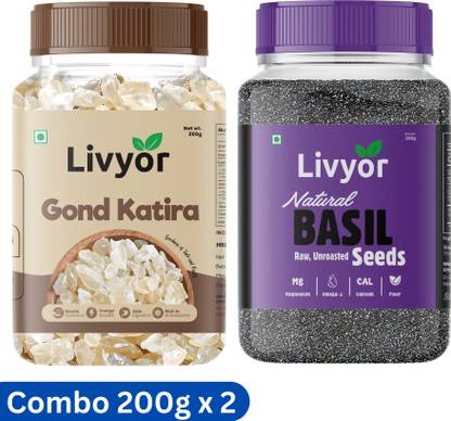 LIVYOR Gond Katira and Basil Seeds Combo Pack 200g x 2 | Sabja Seeds Assorted Seeds & Nuts