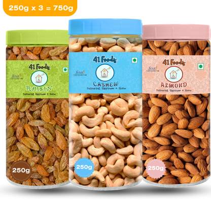 41 foods Dry fruits combo pack of Cashews Almonds Raisins | kismis kaju badam 750 GM Almonds, Cashews, Raisins