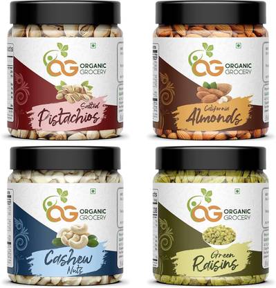 Organic Grocery Almonds, Cashews, Raisin, Roasted Pistachio (100g Each (Pack Of 4) Assorted Nuts