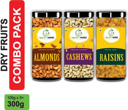 Hobby Herbs Almonds , Cashew & Raisins Combo 300gm ( 3 x 100gm ) | DryFruits Combo | Almonds, Cashews, Raisins