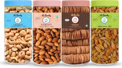 41 foods Dry fruits combo pack of Anjeer Badam Kaju Kishmish (150gm x 4) 600 GM Almonds, Cashews, Raisins, Figs