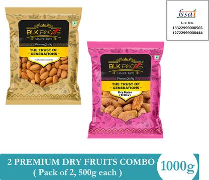 BLK FOODS Dry fruits combo pack of Dry Dates Almonds | Badam Khajoor 1kg Almonds, Dates