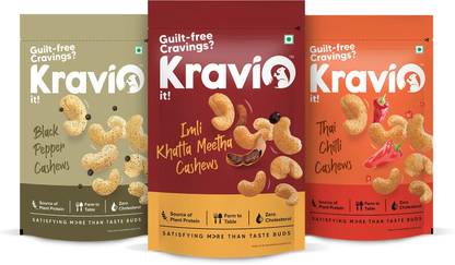 Kravio Combo Pack Black Pepper, Thai Chilli, Imli Khatta Cashews (200 Gram Each) Cashews