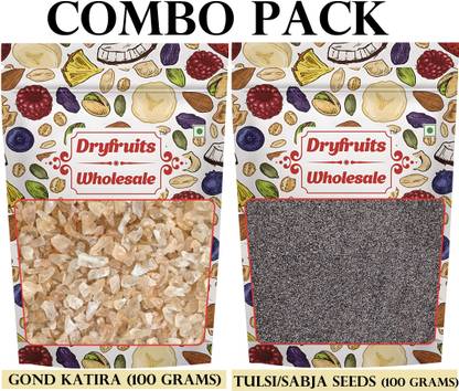 dryfruits wholesale Summer Combo - Tulsi/Sabja Seeds 100G & Gond Katira 100G | For Summer Hydration Dried Gum