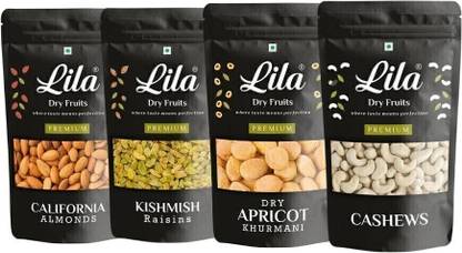 lila dry fruits Premium Quality Cashew Nuts, Raisins, California Almonds, Dry Apricot Each 200gm | Kaju , Badam, Khumani, Kishmish combo| Budget Combo Pack | Dry Fruits Combo | 800gm Almonds, Cashews, Raisins, Apricots