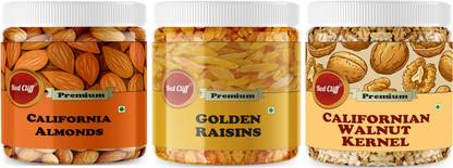 RED CLIFF Premium California Almonds+ Walnuts Without Shell + Golden Raisins | Pack Of 3| Walnuts, Raisins, Almonds