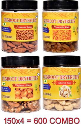 GUNROOT premium raisin almonds and walnut,cashew 150g combo pack of 4 Almonds, Cashews, Walnuts, Raisins